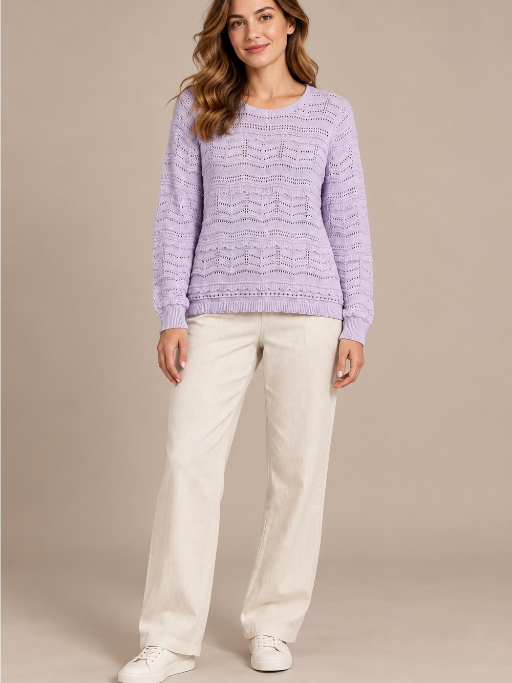 LOFT Lavender Cotton Pointelle Open Knit Crewneck Sweater Size M